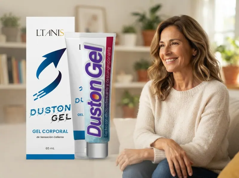 Mujer sonriente en un sofá, en una sala luminosa con plantas, junto a Duston Gel