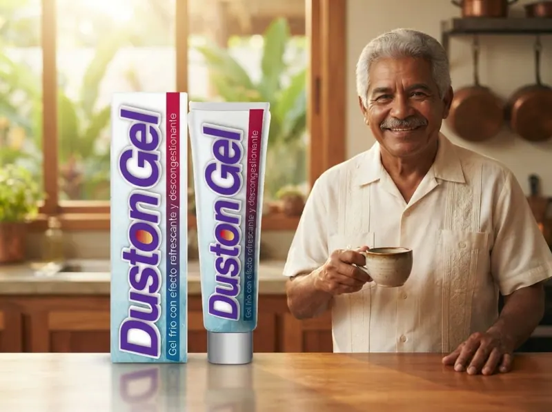 Hombre sonriente con una taza de café en una cocina luminosa junto a Duston Gel