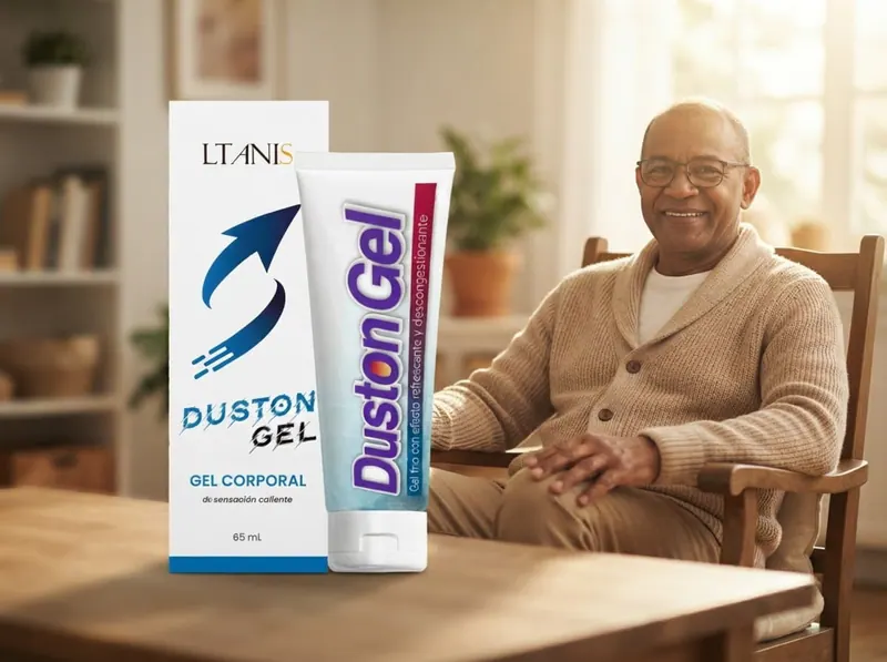 Hombre sonriente con gafas, sentado en un sillón de una sala acogedora, junto a Duston Gel