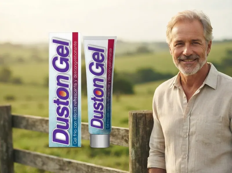 Hombre sonriente junto a una cerca de madera en el campo, con Duston Gel al lado