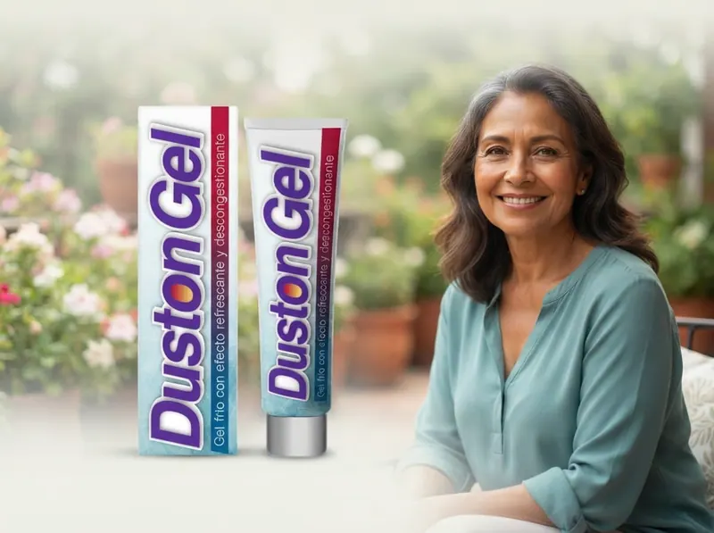 Mujer sonriente en una terraza con flores junto a Duston Gel
