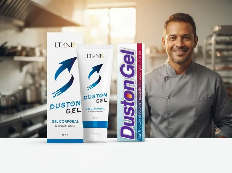 Cocinero sonriente con chaquetilla gris en una cocina profesional junto a Duston Gel