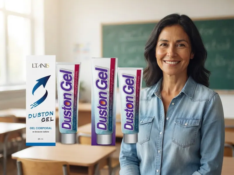 Mujer sonriente con camisa vaquera en un aula luminosa junto a Duston Gel
