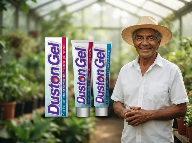 Hombre sonriente con sombrero de paja en un invernadero lleno de plantas, junto a Duston Gel