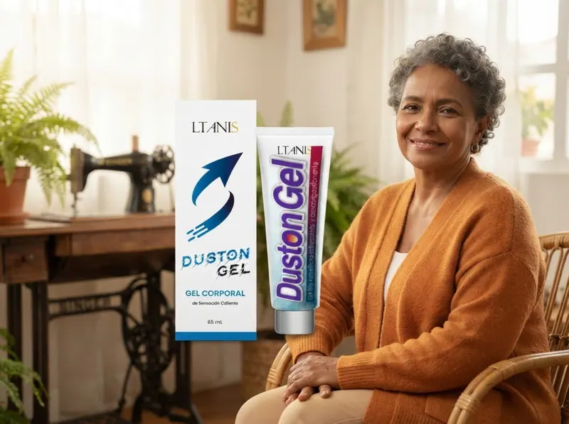 Mujer sonriente sentada en una butaca junto a una máquina de coser antigua y Duston Gel
