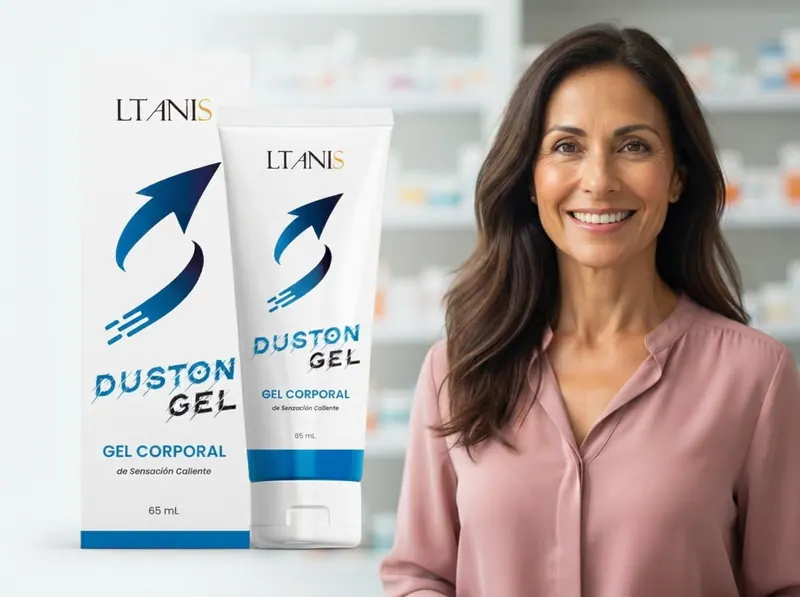 Mujer sonriente frente a unos estantes de farmacia, junto a Duston Gel