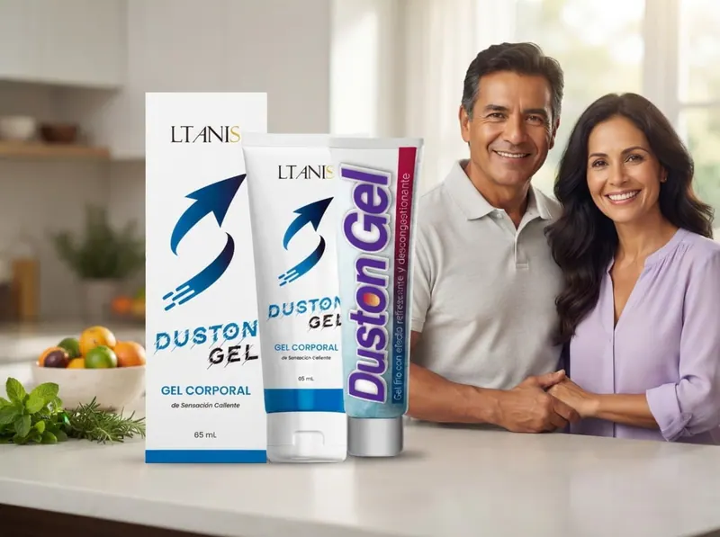 Pareja sonriente en una cocina luminosa con frutas sobre la encimera, junto a Duston Gel