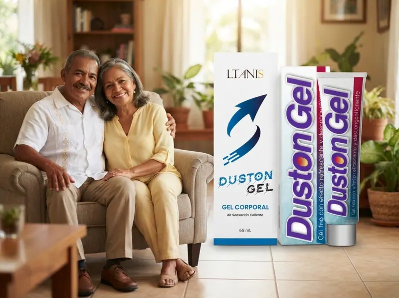 Pareja sentada en un sofá, en una sala acogedora con plantas, junto a Duston Gel