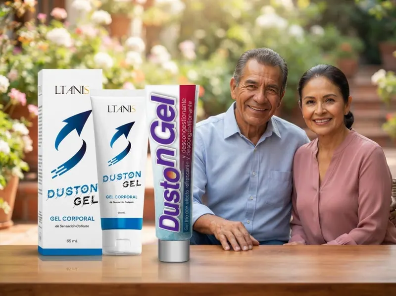 Pareja sentada a una mesa de madera en un jardín con flores, junto a Duston Gel