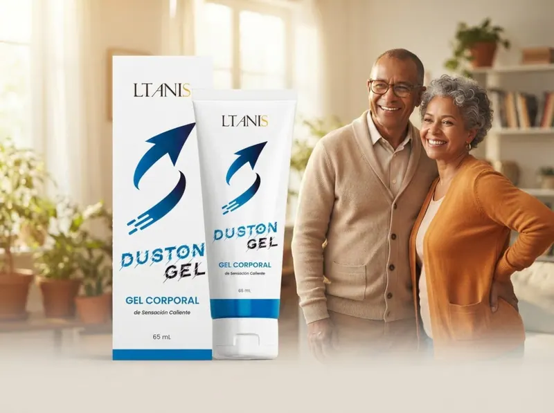 Pareja sonriente en una sala luminosa con plantas junto a Duston Gel