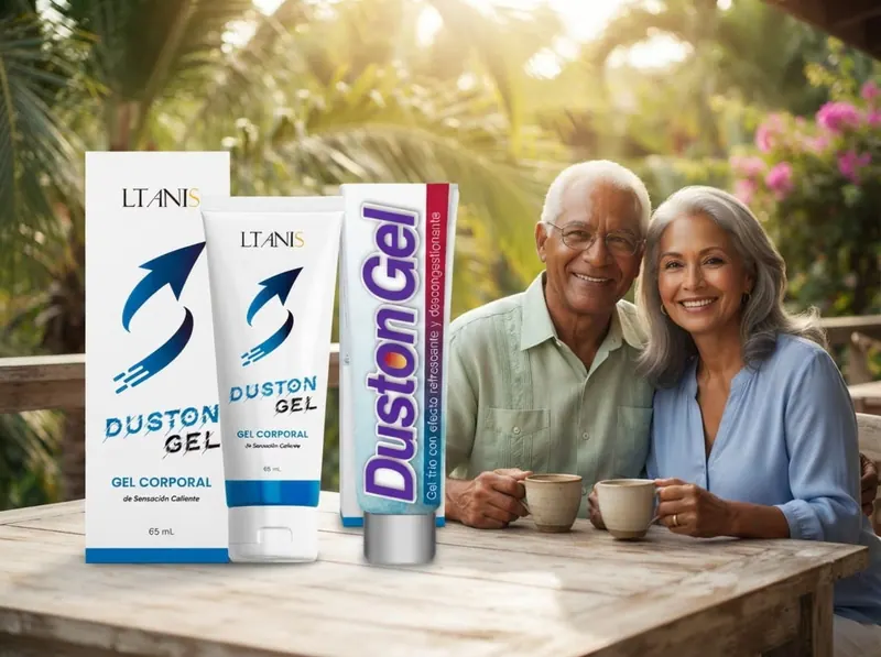 Pareja con tazas de café en una terraza con palmeras, junto a Duston Gel