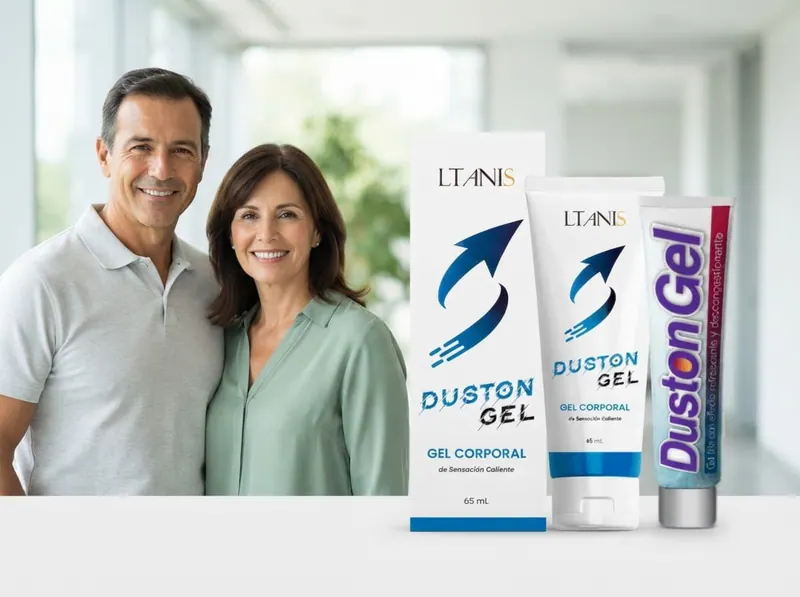 Pareja sonriente en un espacio luminoso junto a Duston Gel