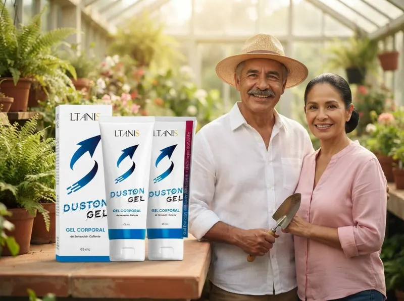 Pareja sonriente con sombrero de paja y herramienta de jardín en un invernadero, junto a Duston Gel