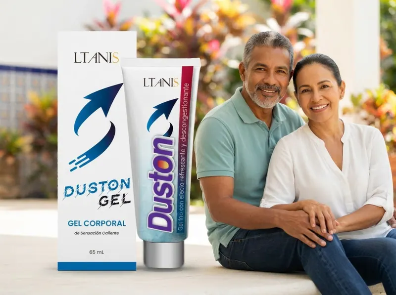 Pareja sentada en un porche soleado con plantas de colores, junto a Duston Gel
