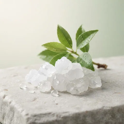 Alcanfor: Cristales transparentes sobre una piedra clara, con una ramita de hojas verdes con gotas de agua, ingrediente de la lista del vendedor para Chile