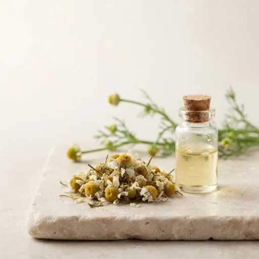 Aceite de manzanilla (Chamaemelum nobile): Flores secas de manzanilla y un frasquito de aceite con tapón de corcho, ingrediente de la lista del vendedor para México