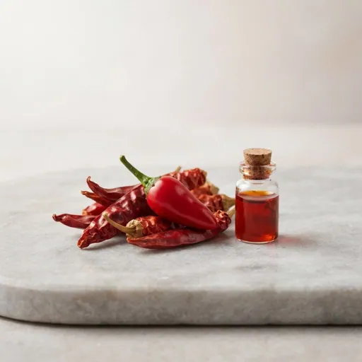 Aceite de pimienta de cayena: Chiles rojos secos y un frasquito con aceite rojizo sobre una piedra clara, ingrediente de la lista del vendedor para Chile