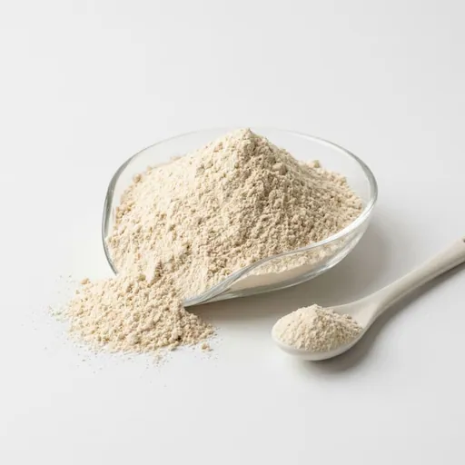 Condroitina: Polvo claro en un cuenco de cristal con una cucharita blanca, ingrediente de la lista del vendedor para Chile