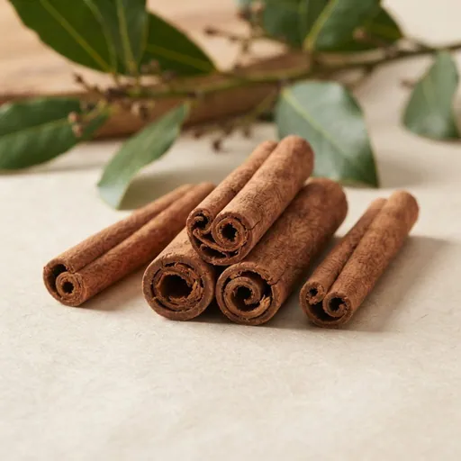 Aceite esencial de canela: Ramas de canela enrolladas junto a hojas verdes sobre una tela clara, ingrediente de la lista del vendedor para Chile