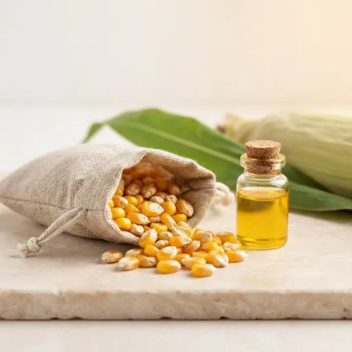 Aceite de maíz: Saquito de lino con granos de maíz y un frasquito de aceite dorado con tapón de corcho, ingrediente de la lista del vendedor para Chile