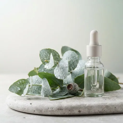 Aceite de eucalipto: Ramas de eucalipto con gotas de agua junto a un frasco con gotero, ingrediente de la lista del vendedor para Chile