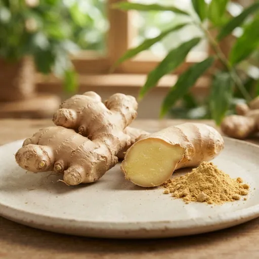 Aceite esencial de jengibre: Raíz de jengibre entera y en rodajas, con polvo dorado, sobre un plato de cerámica, ingrediente de la lista del vendedor para Chile