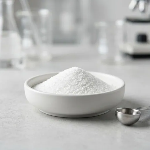 Glucosamina: Polvo blanco en un cuenco de cerámica con una cucharita medidora, ingrediente de la lista del vendedor para Chile
