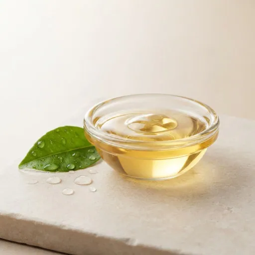 Glicerina: Cuenco de vidrio con un líquido transparente y una hoja verde sobre una piedra clara, ingrediente de la lista del vendedor para Colombia