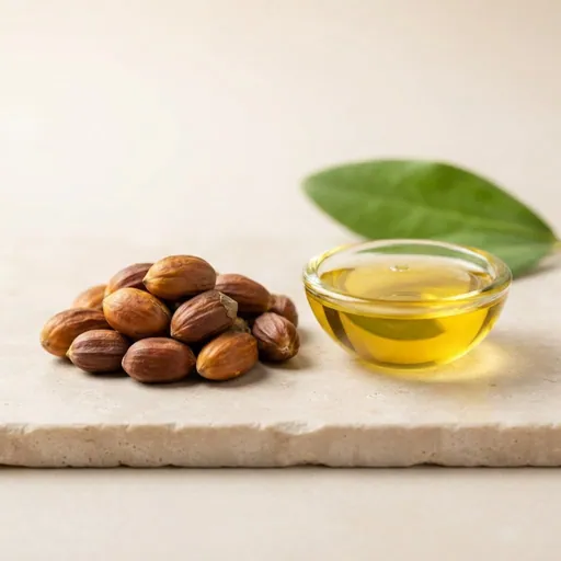 Aceite de jojoba (Simmondsia chinensis): Semillas de jojoba y un cuenco de vidrio con aceite dorado, ingrediente de la lista del vendedor para México