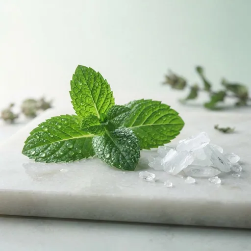 Aceite esencial de menta piperita (Mentha piperita): Hojas de menta piperita con cristales transparentes sobre una superficie de mármol, ingrediente de la lista del vendedor para México