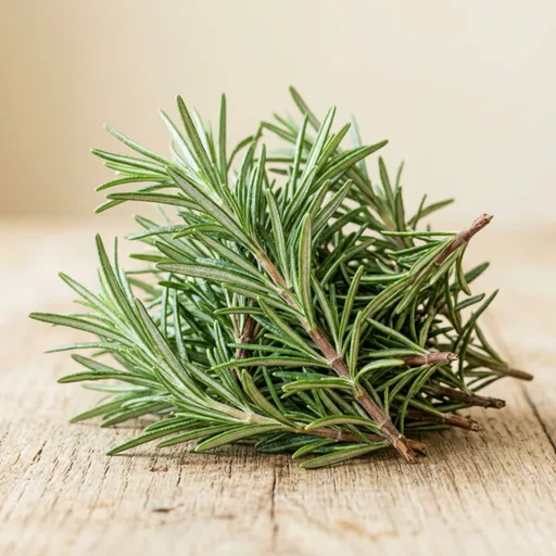 Aceite esencial de romero: Manojo de ramitas de romero fresco sobre una tabla de madera, ingrediente de la lista del vendedor para Chile