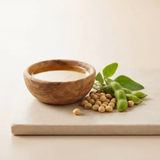 Aceite de soja: Granos y vainas de soja junto a un cuenco de madera con aceite claro, ingrediente de la lista del vendedor para Chile
