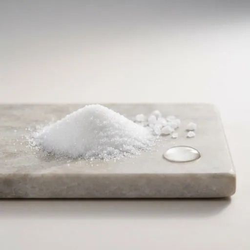 Urea: Montoncito de cristales blancos finos sobre una losa clara, ingrediente de la lista del vendedor para Chile