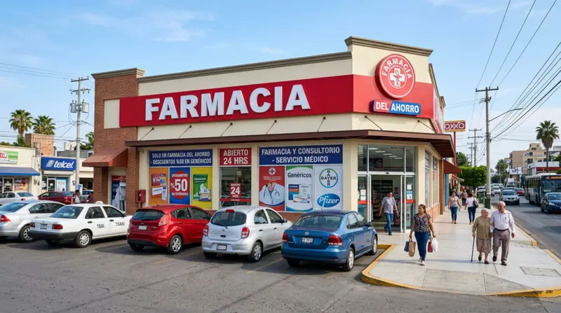 Fachada de una farmacia de esquina con letrero rojo y carteles de ofertas en la ventana
