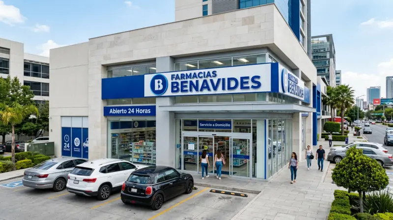 Fachada moderna de una farmacia con letrero azul en un edificio de cristal