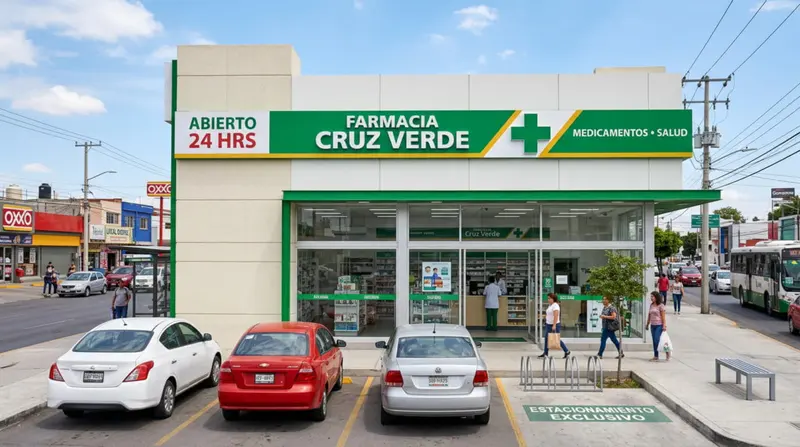 Fachada de una farmacia con letrero verde y cruz