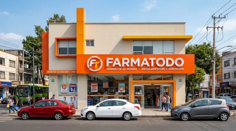 Fachada de una farmacia con letrero naranja grande en una calle con tiendas