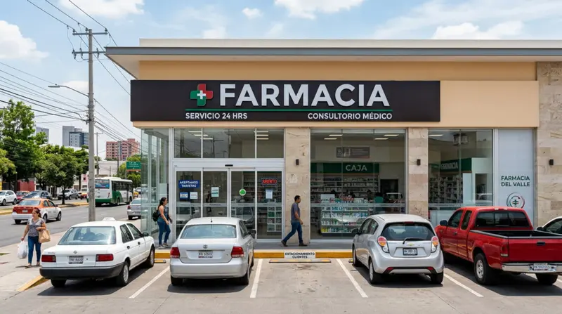 Farmacia de barrio con letrero oscuro y consultorio médico