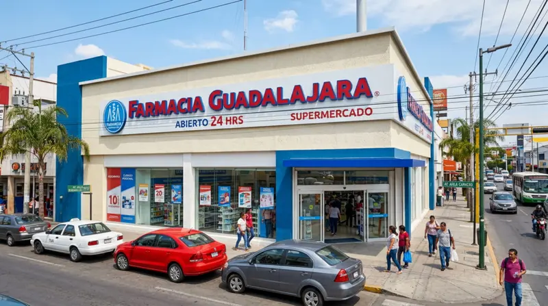 Fachada de una farmacia con letrero azul y blanco en una avenida con árboles