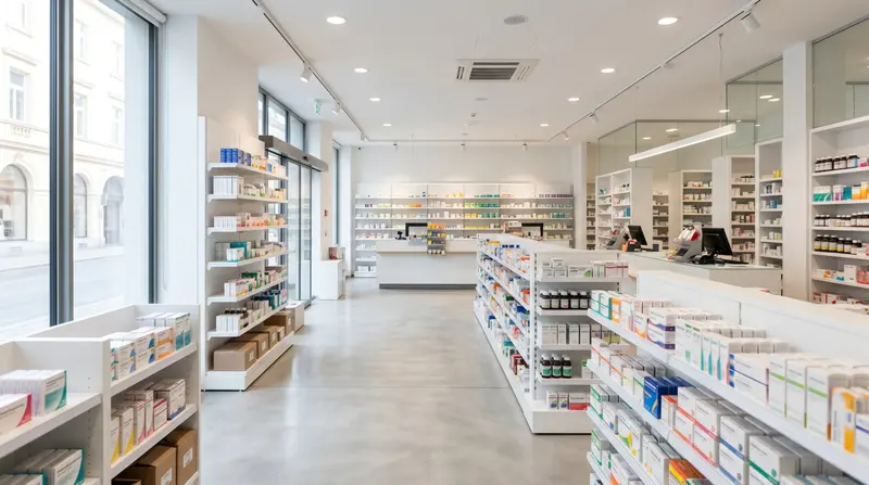 Interior luminoso de una farmacia con estantes ordenados y mostrador al fondo