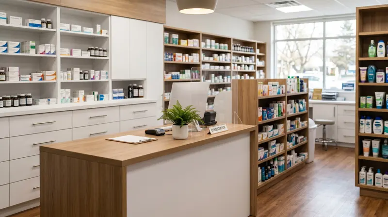 Mostrador de una farmacia con estantes de madera y productos ordenados