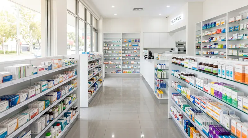 Pasillo de farmacia con estantes de productos y suelo claro