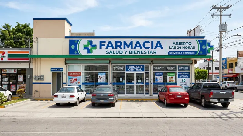 Farmacia de barrio con letrero azul y verde, con servicio a domicilio
