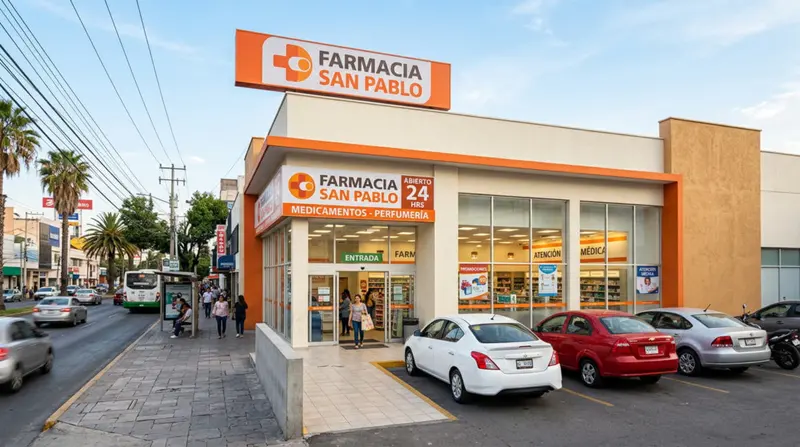 Fachada de una farmacia con letrero naranja y estacionamiento al frente
