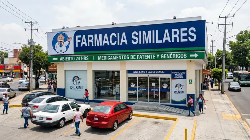 Fachada de una farmacia con letrero azul y verde y consultorio médico adyacente