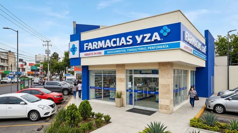 Fachada de una farmacia con letrero azul y cruz, con jardín y estacionamiento