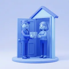 Ilustración de un repartidor que entrega un paquete a una persona en la puerta de su casa